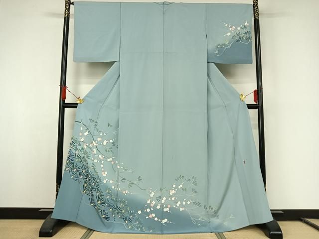 平和屋着物▽訪問着　単衣　友禅　作家物　梅松文　正絹　逸品　AABJ8333jh
