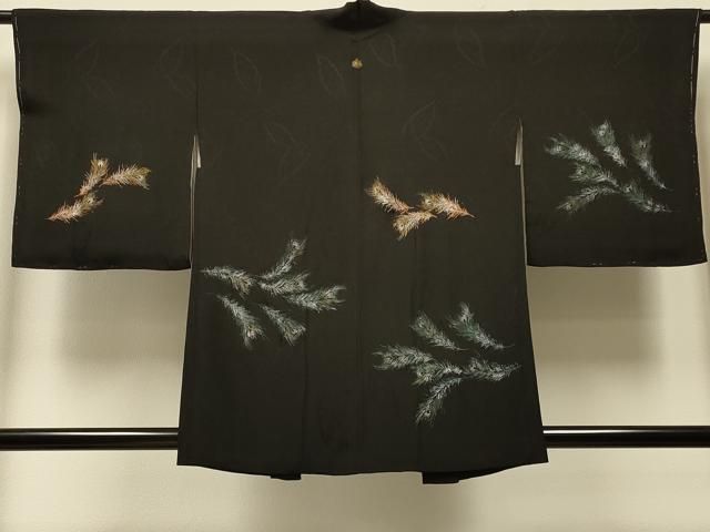 平和屋着物＃羽織　孔雀羽文　黒地　銀彩　正絹　逸品　未使用　CABI6009in