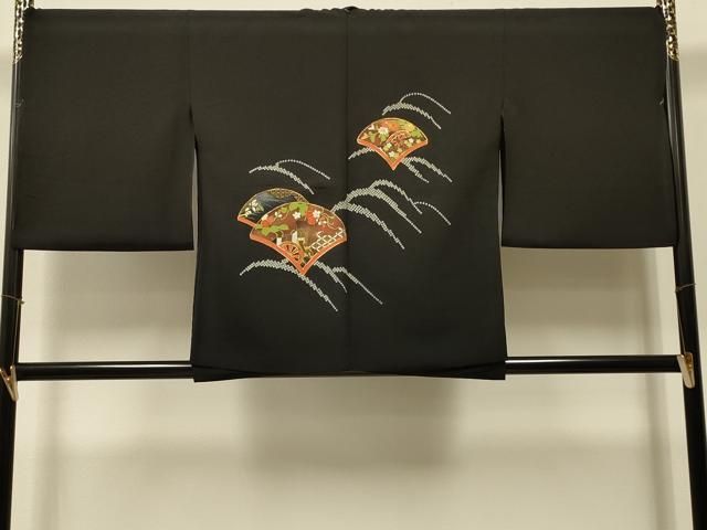 平和屋着物＃羽織　駒刺繍　絞り　扇面御所車花文　黒地　金彩　正絹　逸品　未使用　CABI6026in