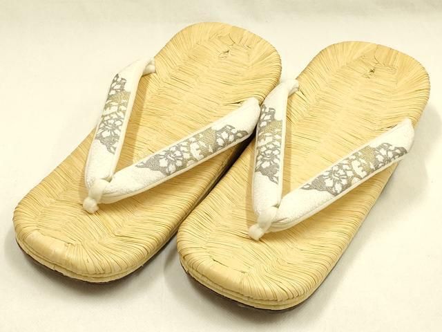 平和屋着物●男性　和装小物　伊と忠　雪駄　畳表　花緒:白　花柄　金銀糸　本革底　逸品　AABJ7363ay
