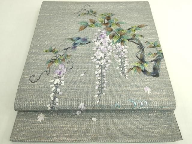 平和屋着物●極上　本加賀友禅作家　木村雨山画　染色工芸作家　吉田芳彩　太鼓柄袋帯　藤に鳥　金銀彩　金通し地　逸品　DZAB8026kh6