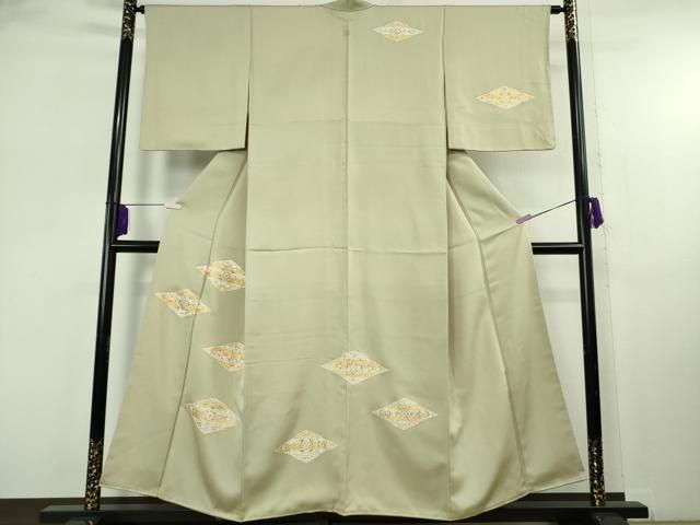 平和屋着物●極上　訪問着　駒刺繍　松川菱花文　薄い柳茶色地　金彩　逸品　DZAB8159kh6