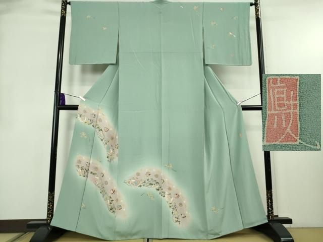 平和屋着物●極上　本加賀友禅作家　松井眞夫　訪問着　鏡裏　錆青磁色地　銀座おゝぎ屋扱い　証紙付き　逸品　DZAB8507kh6