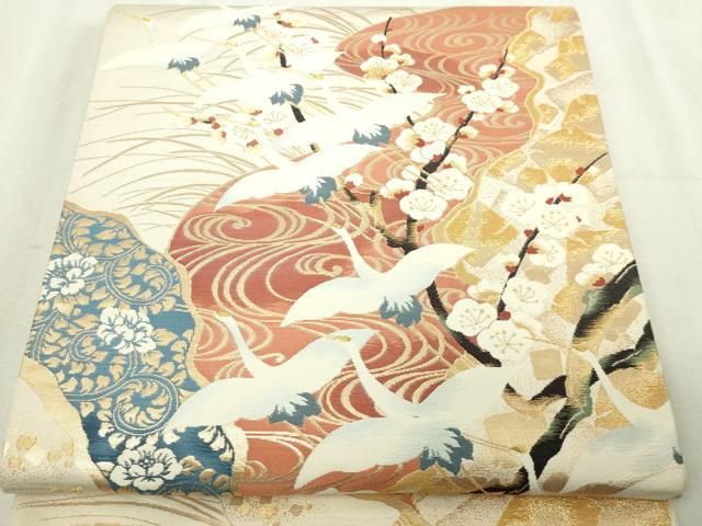 平和屋本店▼六通柄袋帯　飛鶴枝梅文　純金　正絹　逸品　DABI4715sf