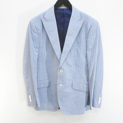 LARUSMIANI ヘリンボーン柄 スーツ スリーピース セットアップ ジャケット ベスト ジレ ロングパンツ 背抜き ジップフライ 水色 ライトブルー ロールアップ 裏地