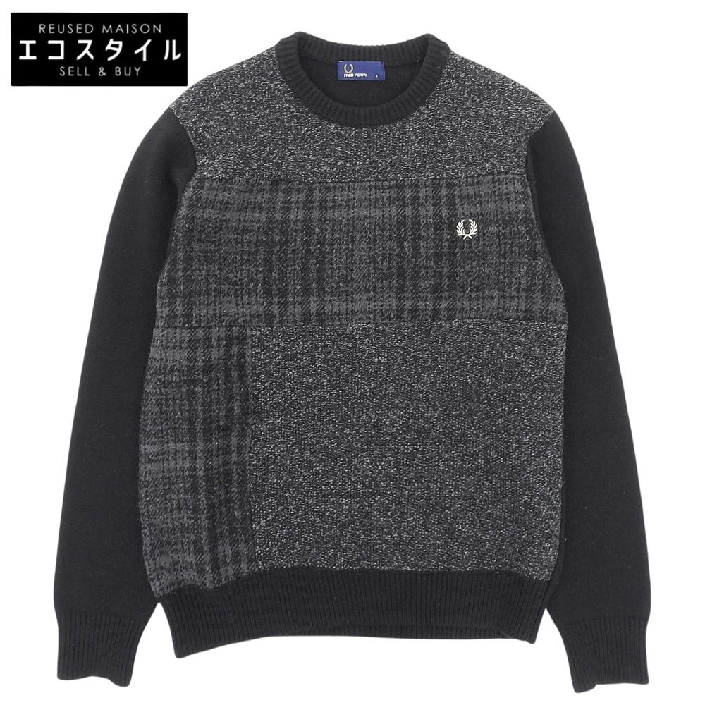 FRED PERRY　フレッドペリー　美品 クルーネック セーター ウール混 トップス メンズ グレー×ブラック S F3196　S
