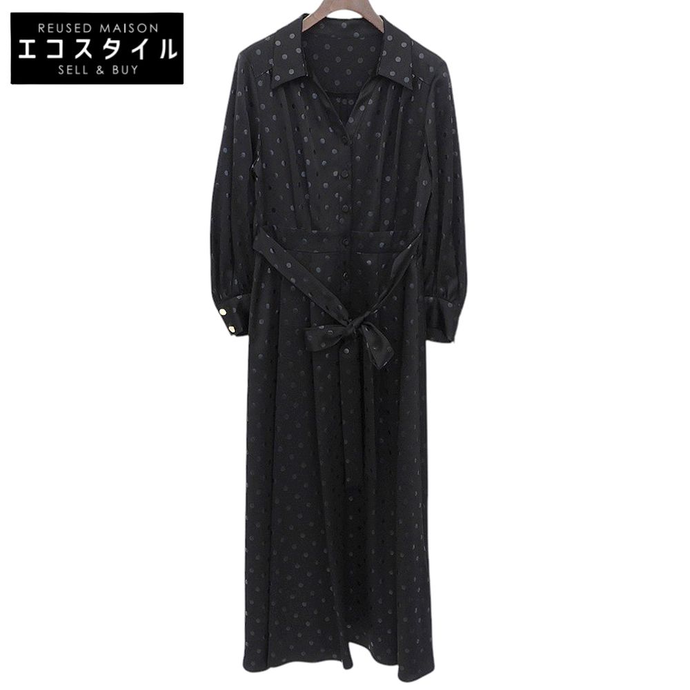 Grace Class　グレースクラス　美品 サテンライク ドットプリント ベルテッドシャツワンピース レディース ブラック 36 0221435256　36