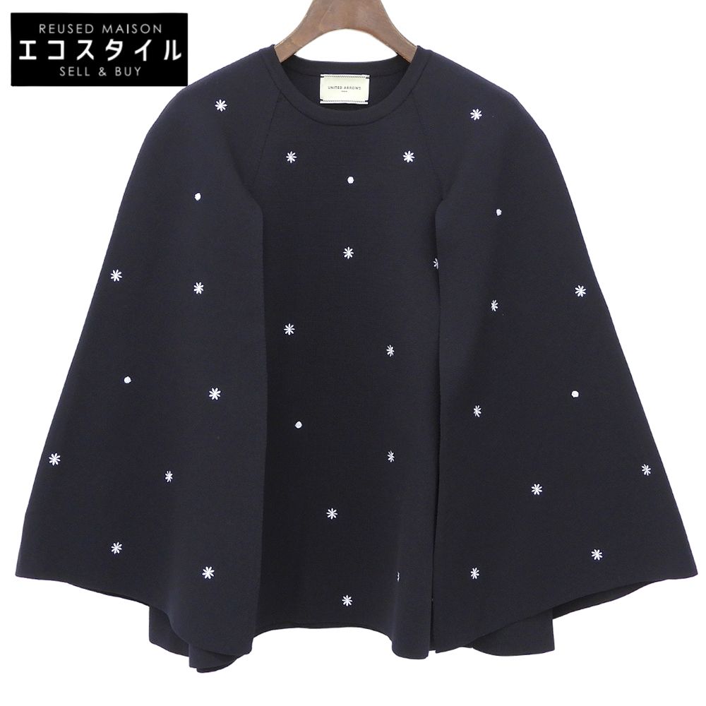 UNITED ARROWS　ユナイテッドアローズ　美品 エンブロイダリー フラワー ケープニット ウォッシャブル トップス レディース ネイビー　―