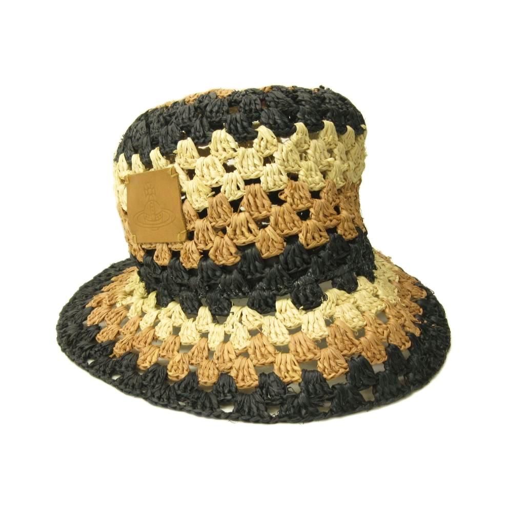 ヴィヴィアンウエストウッド Vivienne Westwood オーブパッチ ストローハット 麦わら帽子 ラフィア ボーダー柄 M-S ベージュ 黒 ブラック 0808 6,408円
