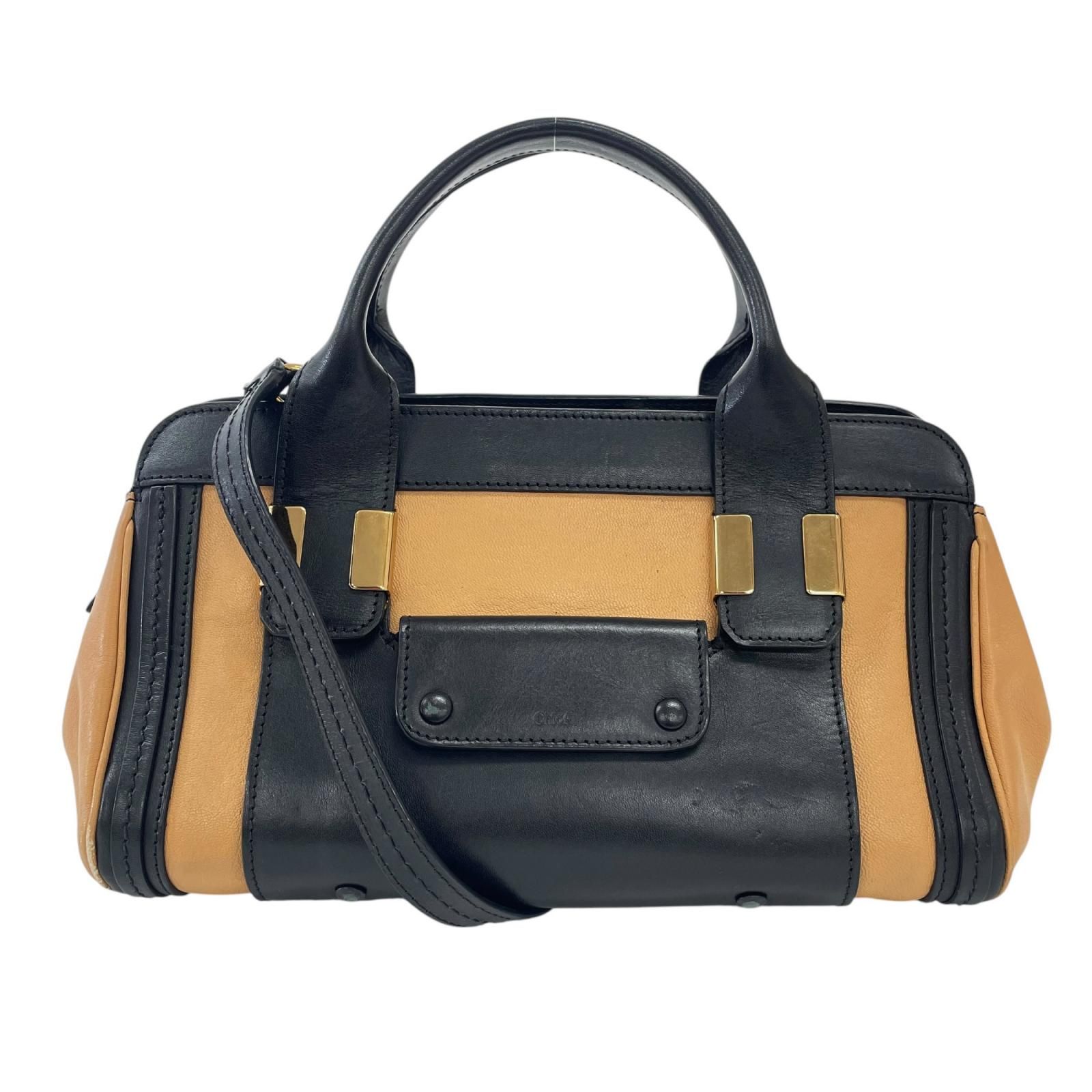 【新着】Chloe アリス 2WAY レザー ブラック、ベージュ ハンドバッグ ゴールド
