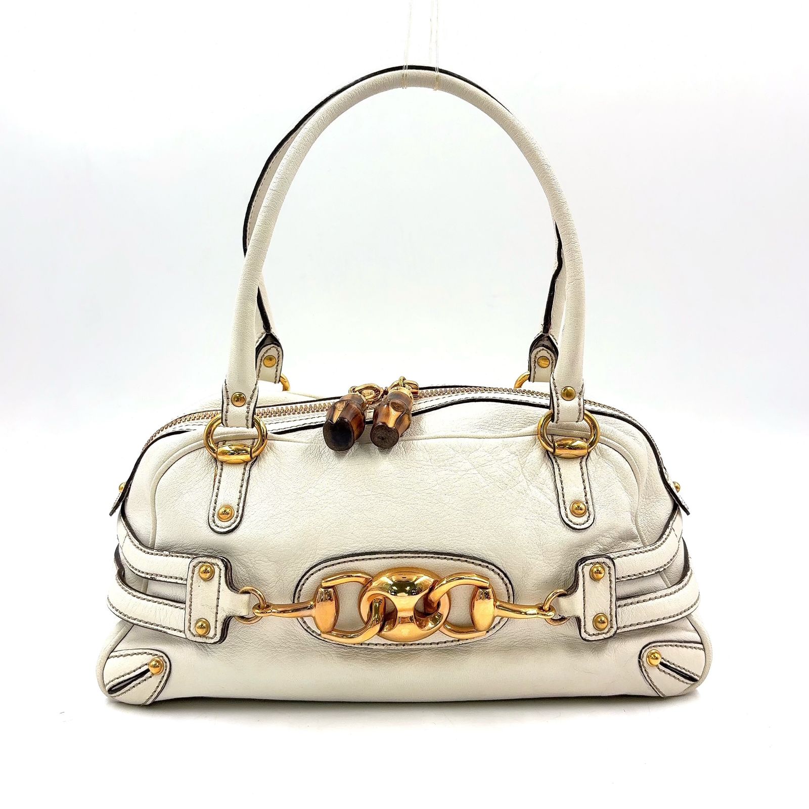 【新着】GUCCI ホースビット グッチシマ レザー ホワイト ハンドバッグ ゴールド 159399