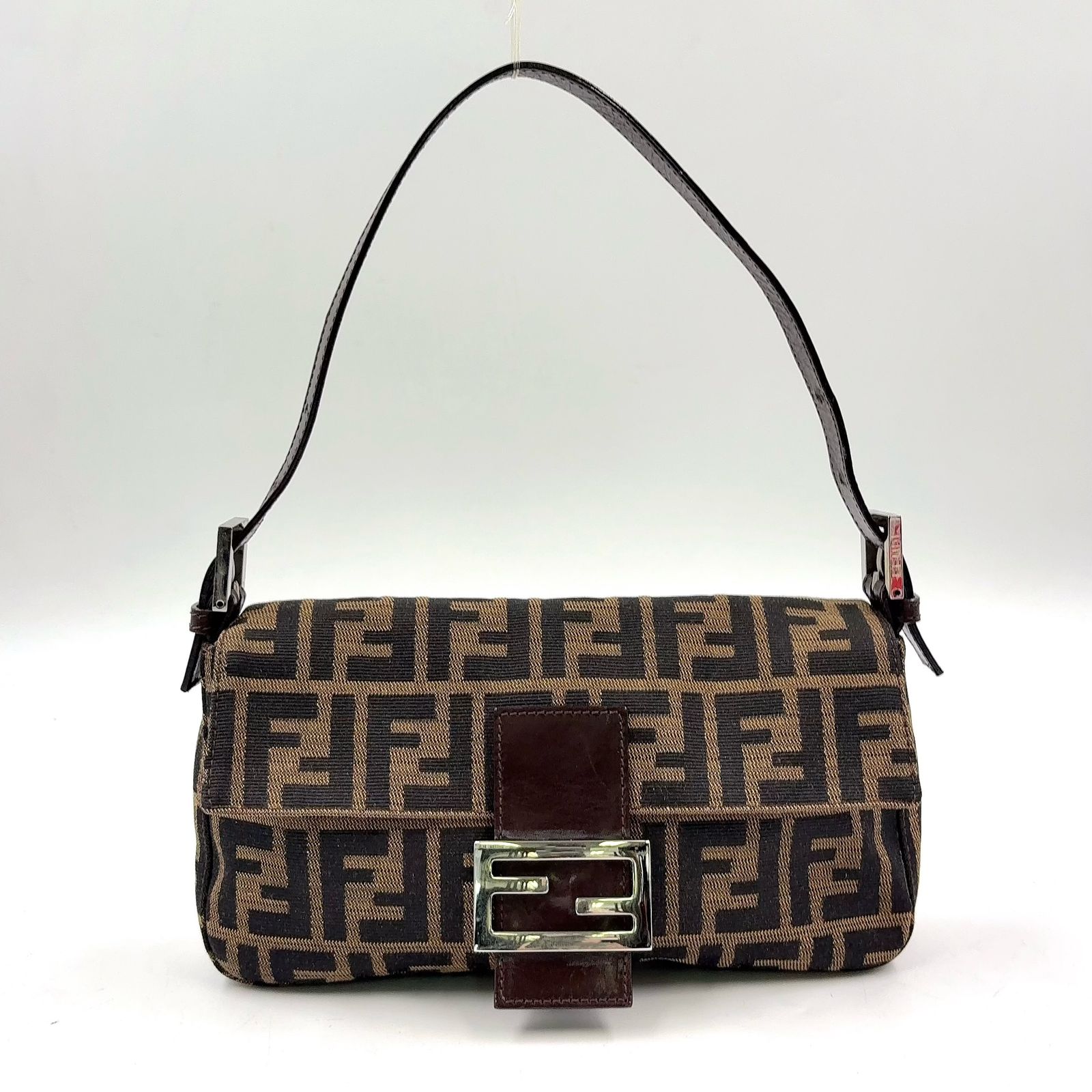 【新着】FENDI ズッカ柄 ハンドバッグ レザー、キャンバス ブラウン ショルダーバッグ シルバー