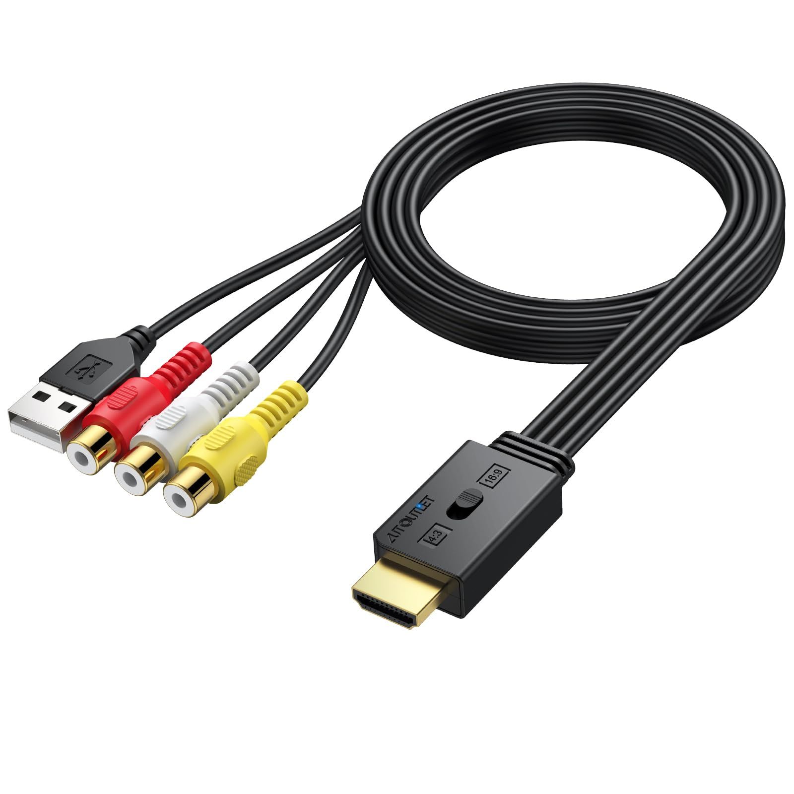 AUTOUTLET RCA to HDMI Converter 16:9/4:3 Switch AV to HDMI Converter 1080P Converter 3 Color Terminal Mini Composite CVBS Audio Video Adapter for Wii/PS1/PS2/N64...