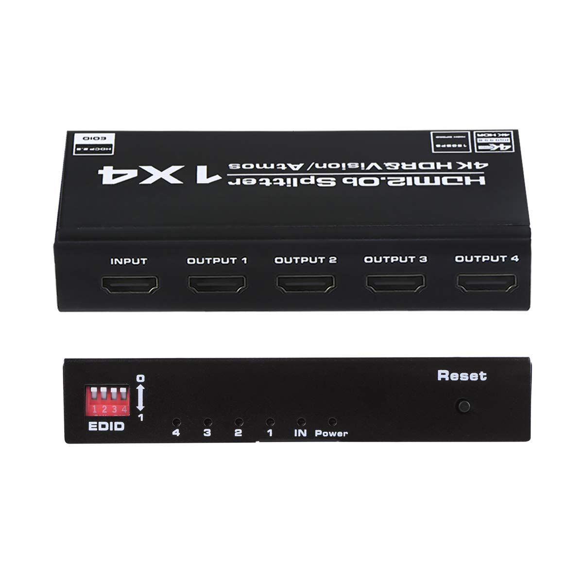 HDMI Splitter 1 Input 4 Output 4K 60Hz Audio Video Splitter HDMI2.0b HDCP 2.2 Supports Full Ultra HD 3D HDR Compatible with HDTV, Blu-Ray, DVD, PS4, Xbox, etc. (with Japanese instruction manual)