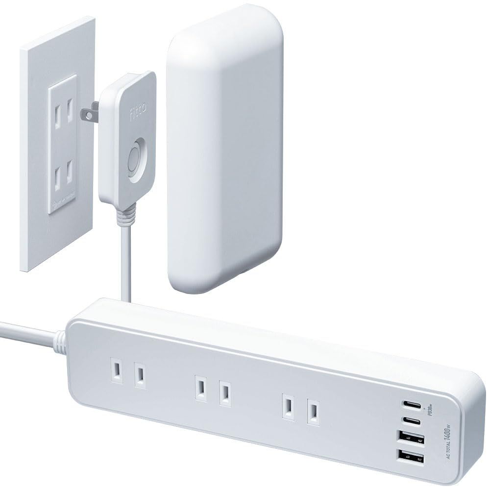 fitta USBタップ 電源タップ 1.8m [ USB PD 最大 30W (USB-C ✕2 USB-A ✕2) ] AC差込口 3個口 コンセントカバー ほこりシャッター コンセント タップ コンセントガード おしゃれ 壁に溶け込む電源タップ