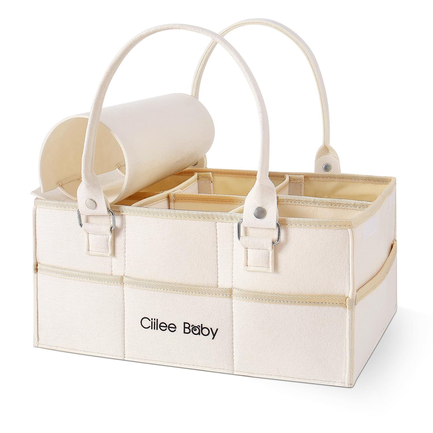 Ciilee Baby おむつストッカー 大容量 蓋付き 折りたたみ式 収納ケース 仕切り調整可能 長い取っ手付き 軽量フェルト ベビー用品 出産準備 0