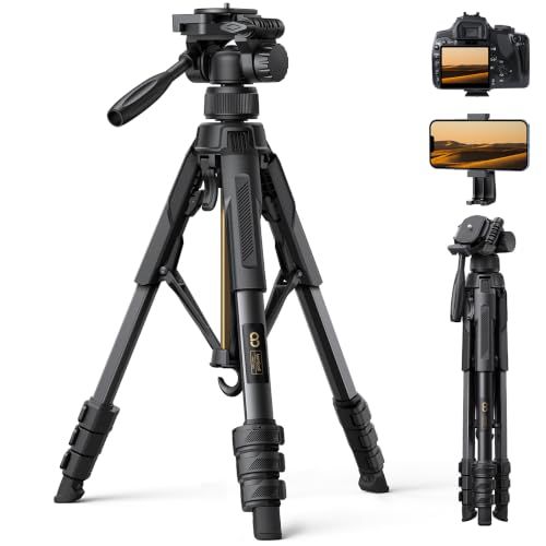 【170cm高さ】カメラ 三脚 8kg耐荷重 360°回転 75°開脚 Lamicall：雲台 撮影 tripod スタンド 鋼鉄製 頑丈 伸縮 | 写真 自撮り スマホ ホルダー 滑り止め 旅行 登山 持ち運び 一眼レフ ビデオ デジカメ 6586ea11