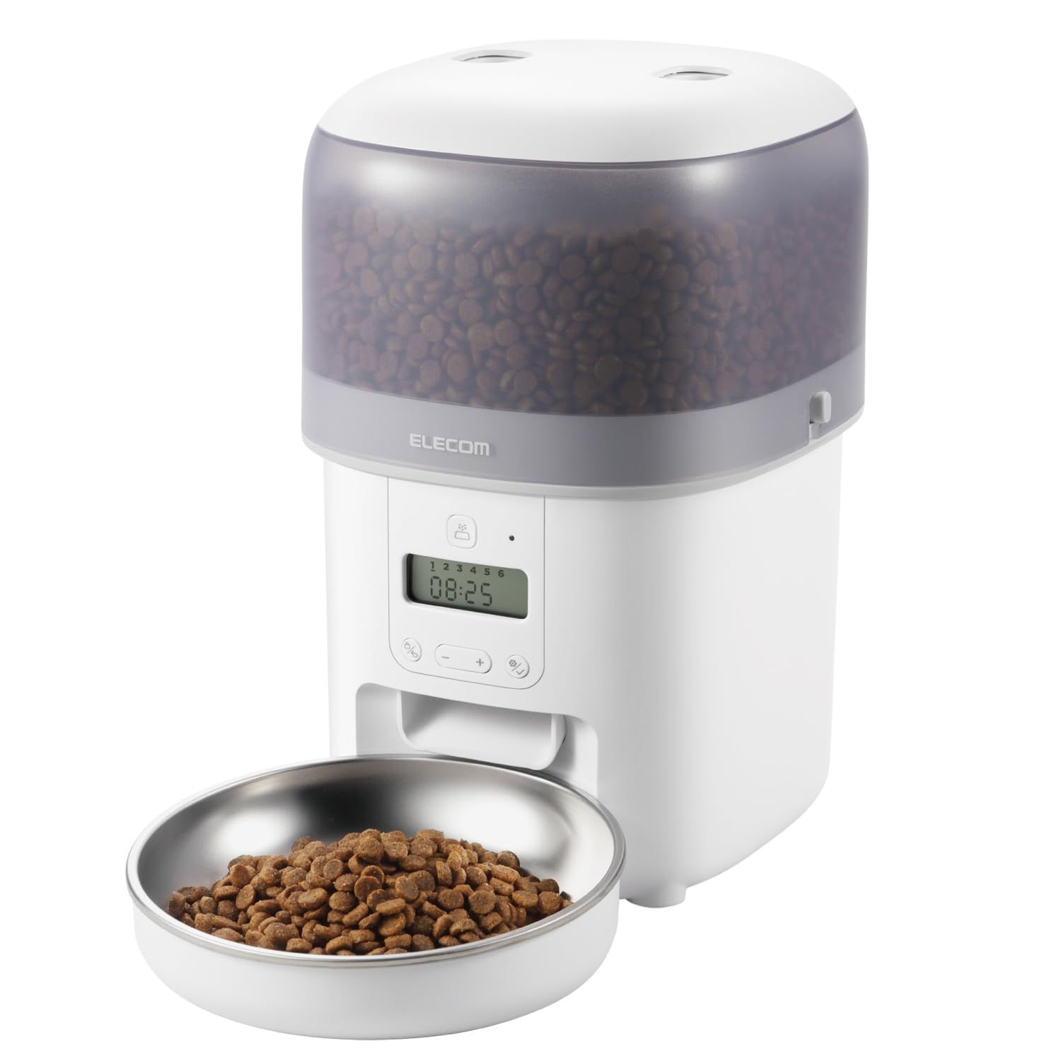 エレコム 自動給餌器 猫 中小型犬用 2L (約1.1kg) タイマー機能付 1日最大6回 蓋ロック 2WAY給電 コンパクト 乾燥剤付属 ステンレス 1皿 幅170×奥行190×高さ258mm ホワイト PET-AF05WH