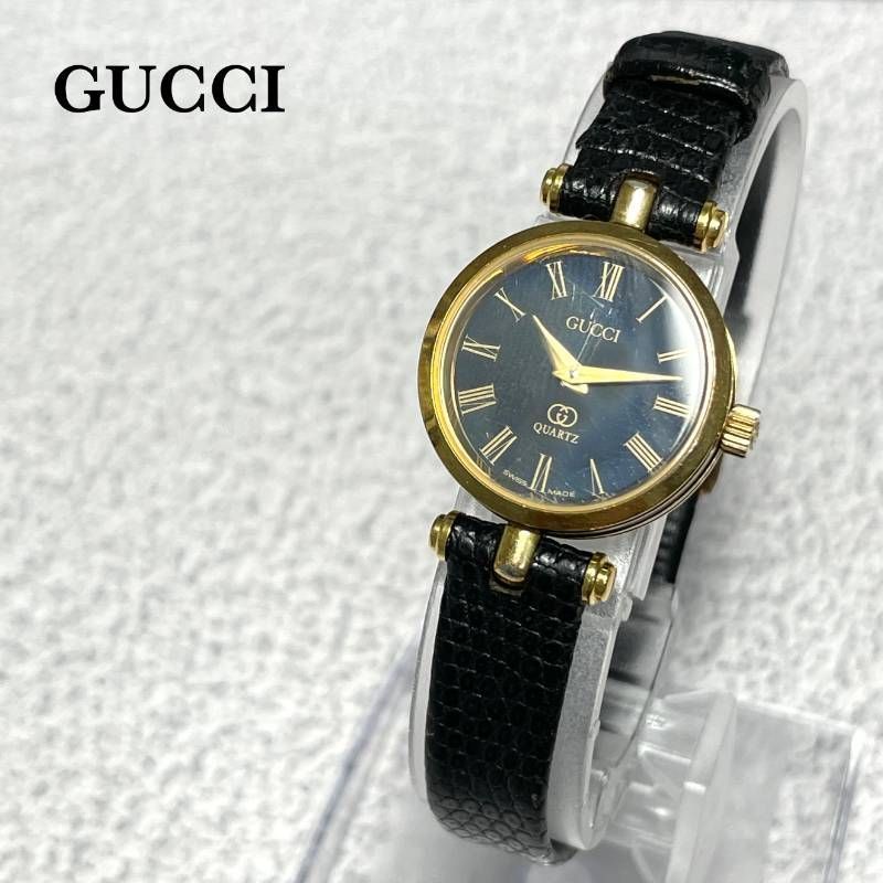 【ジャンク品】GUCCI グッチ 丸形 腕時計 クォーツ レザーベルト ビンテージ ネイビーブラック 7,139円