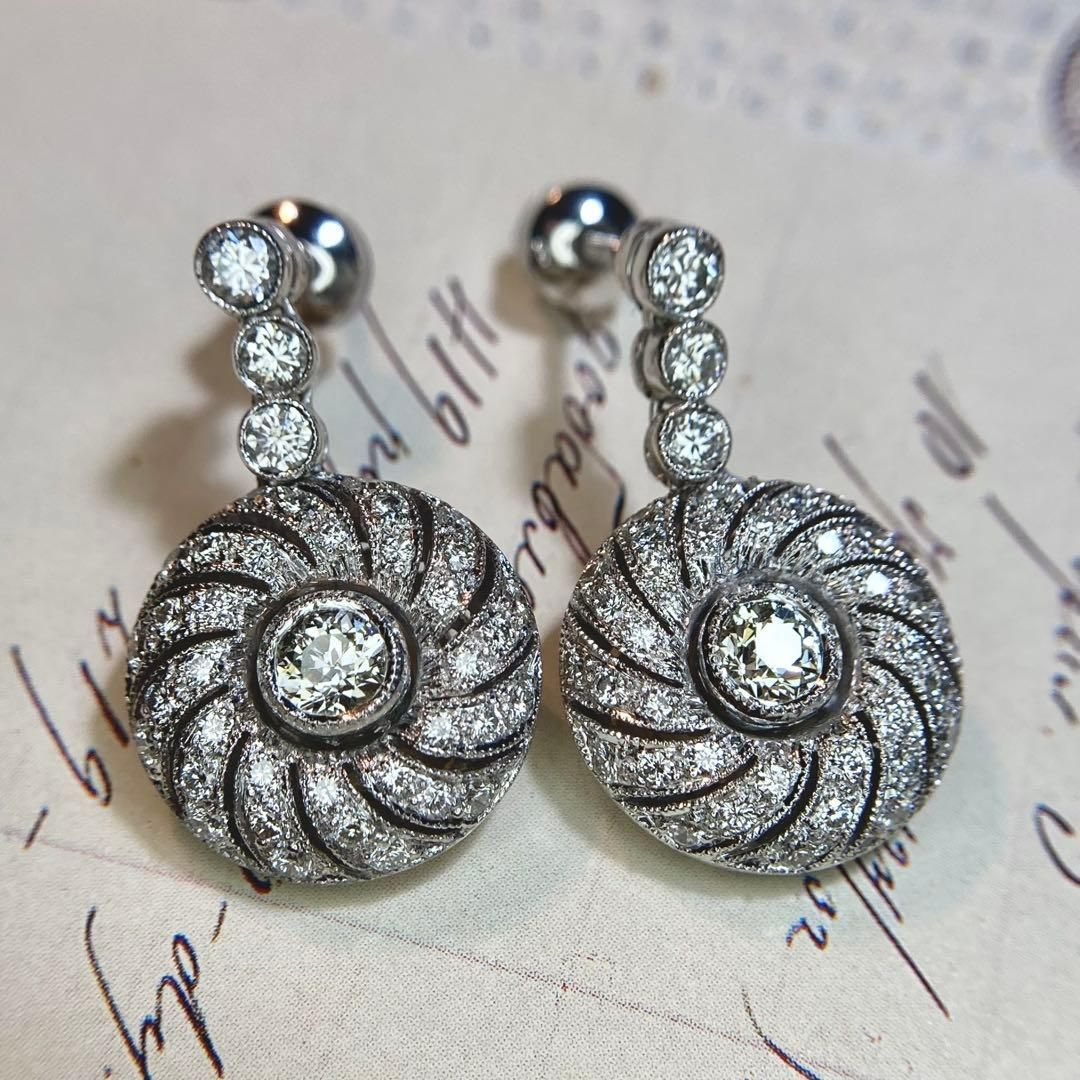 k18/k14wg British Art Deco Revival Natural Diamond Earrings