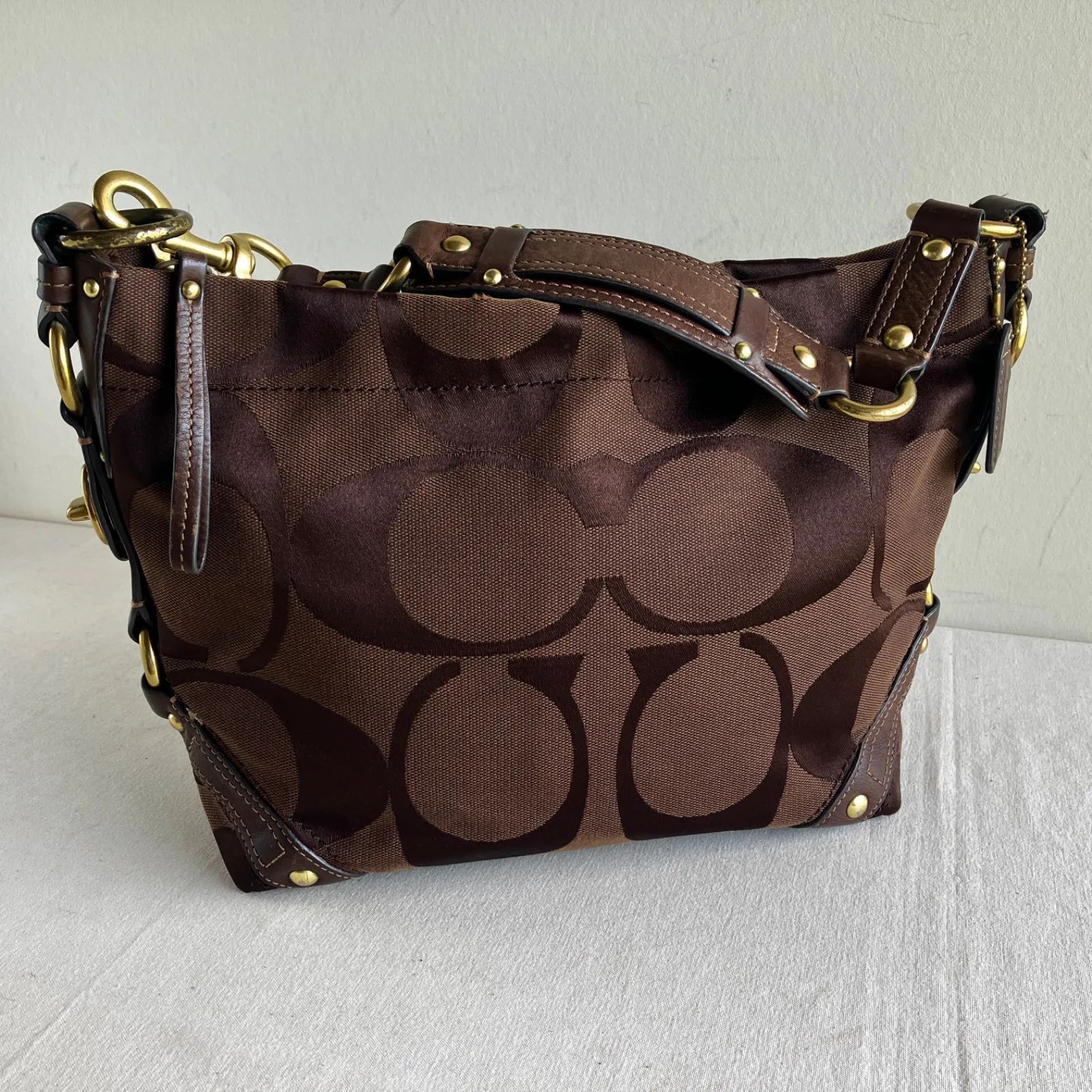 Coach Vintage Carly Signature Hobo Shoulder Bag Chocolate Dark Brown Y2K