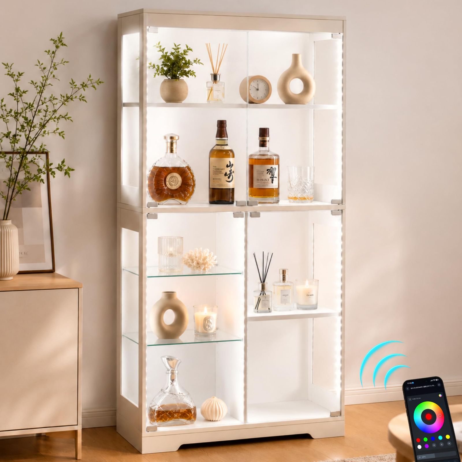 ショーケース 大型ガラスケース 【7色LEDライト付き 音楽連動 Bluetooth操作】 タッチセンサー付き ガラス収納キャビネット 5mm防爆・耐火・強化ガラス 高さ調節可能 防転倒設計 展示ケース リビング・寝室用 収納棚 キャビネット 899c40cc