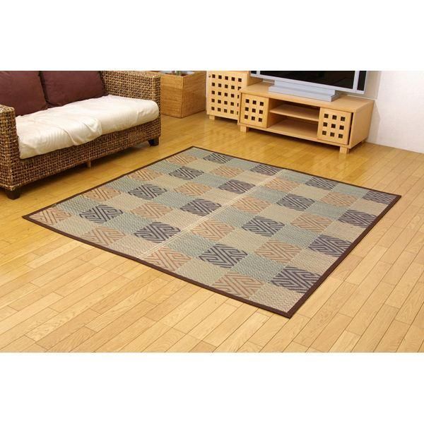 ds-モダン い草 花ござ/ラグマット 〔ブラウン 江戸間8畳 約348×352cm〕 日本製 抗菌 防臭 調湿 耐久性抜群 〔リビング〕