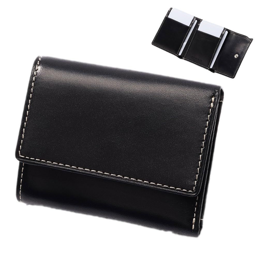 新品 [グレンチェック] イタリアンレザー 三つ折り財布 本革財布 コンパクト財布 ボックス型小銭入れ レザー財布 ミニ財布 本革 メンズ レディース (ブラック)