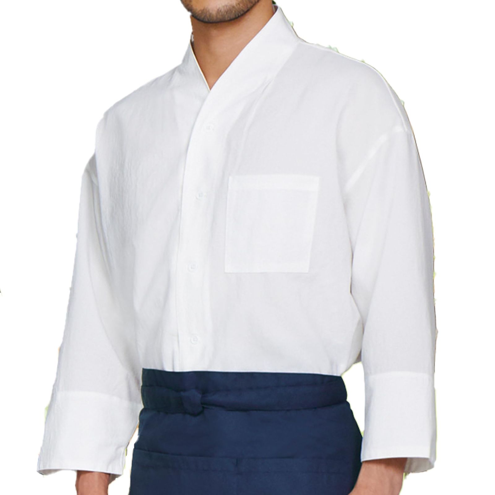 新品 アルべ 和風シャツ 八分袖 ゆったり [ストレッチ/制電] 襟なし 薄手 涼しい 快適 和食 居酒屋 寿司 蕎麦 制服 DN8501 C-1 白 SS