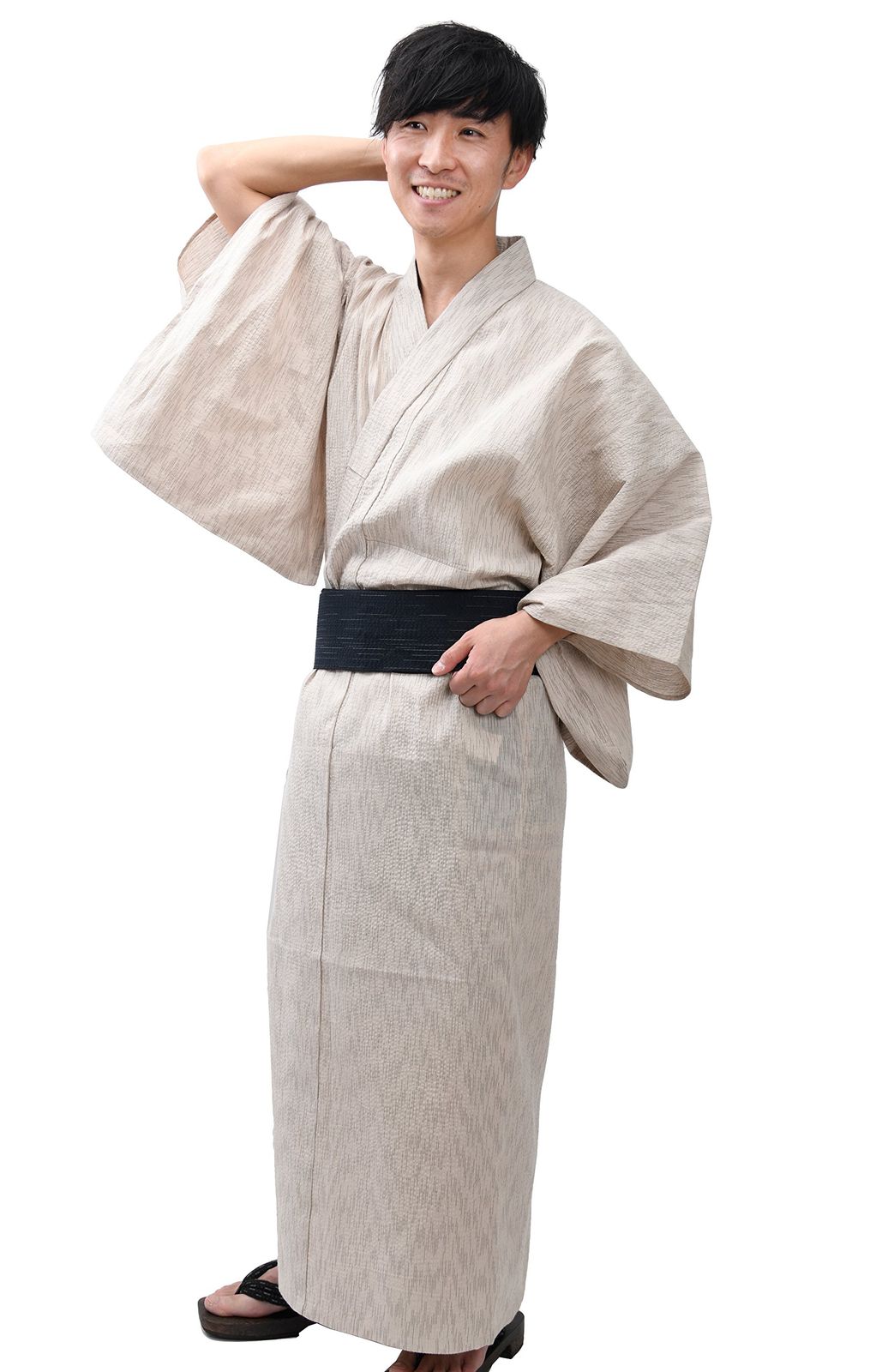 新品 [江戸てん] メンズ浴衣しじら織り 2点セット 生成り 752 帯黒絣 703 M