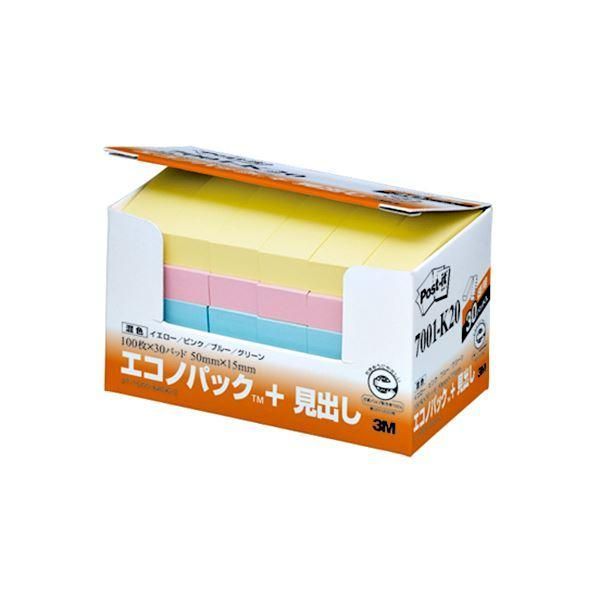 ds-（まとめ） 3M ポストイット エコノパック 見出し 再生紙 50×15mm 混色 7001-K20 1パック（30冊） 〔×4セット〕