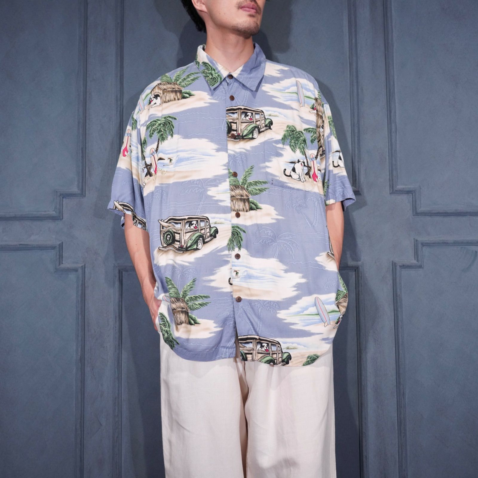 USA VINTAGE Big Dogs DOG PATTERNED DESIGN HALF SLEEVE RAYON ALOHA SHIRT/アメリカ古着ビッグドッグスわんこ柄デザイン半袖レーヨンアロハシャツ