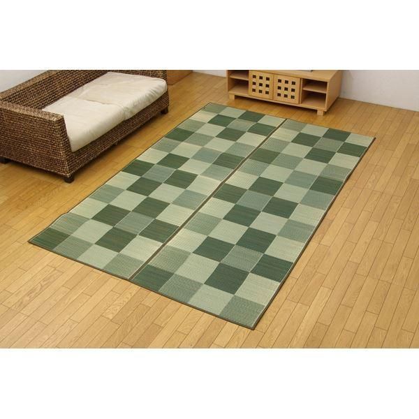 ds-日本製 い草 花ござ/ラグマット 〔ブロック柄 グリーン 江戸間3畳 約174×261cm〕 裏：ウレタン 防傷 抗菌 防臭 調湿 〔リビング〕