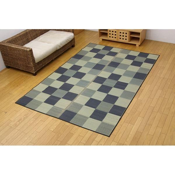 ds-い草 花ござ/ラグマット 〔ブロック柄 グレー 江戸間3畳 約174×261cm〕 日本製 耐久性抜群 抗菌 防臭 調湿 〔リビング〕