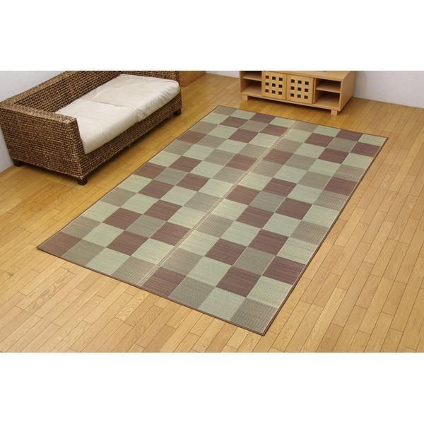 ds-い草 花ござ/ラグマット 〔ブロック柄 ブラウン 江戸間10畳 約435×352cm〕 日本製 耐久性抜群 抗菌 防臭 調湿 〔リビング〕