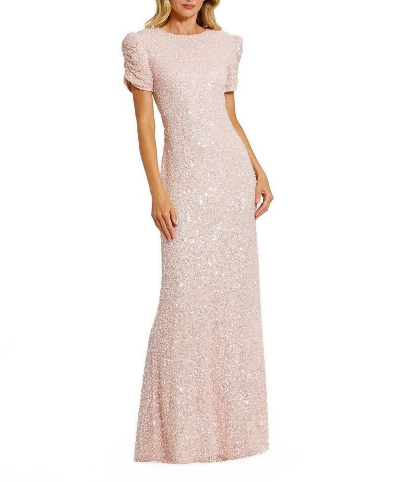 マックダガル レディース トップス ワンピース Mac Duggal Gathered Short Sleeve Beaded Gown Blush ブラッシュ