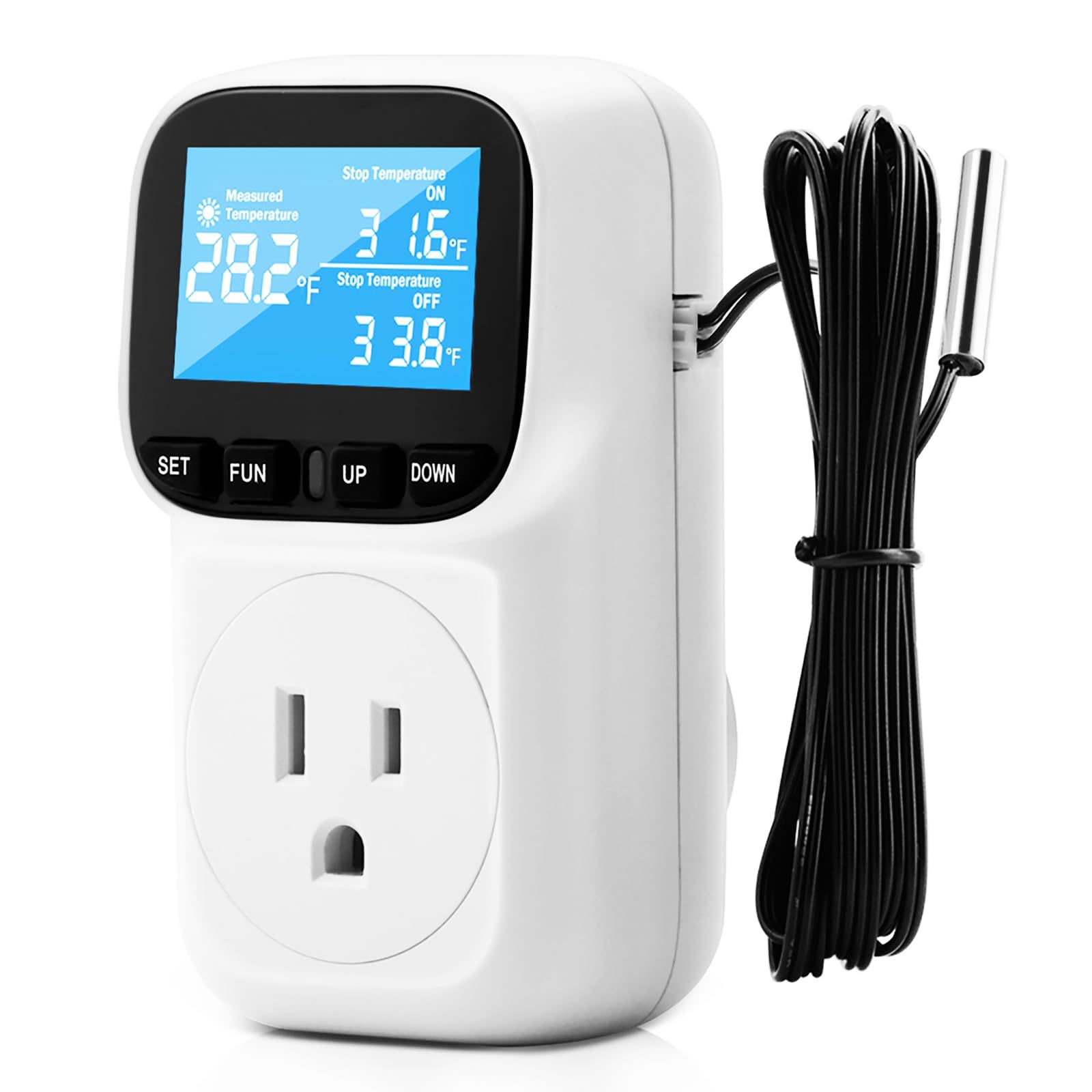 DiyStudio 7つの設定モード 1800W サーモスタット 温度制御ソケット爬虫類 夏の水槽の水温調節 ファン 水槽 サーモスタット 熱帯魚 ヒーター 水槽ヒーターの使用 暖房冷却制御 温度補正 タイマーモード(-40~120°C) 青いバックライト 1