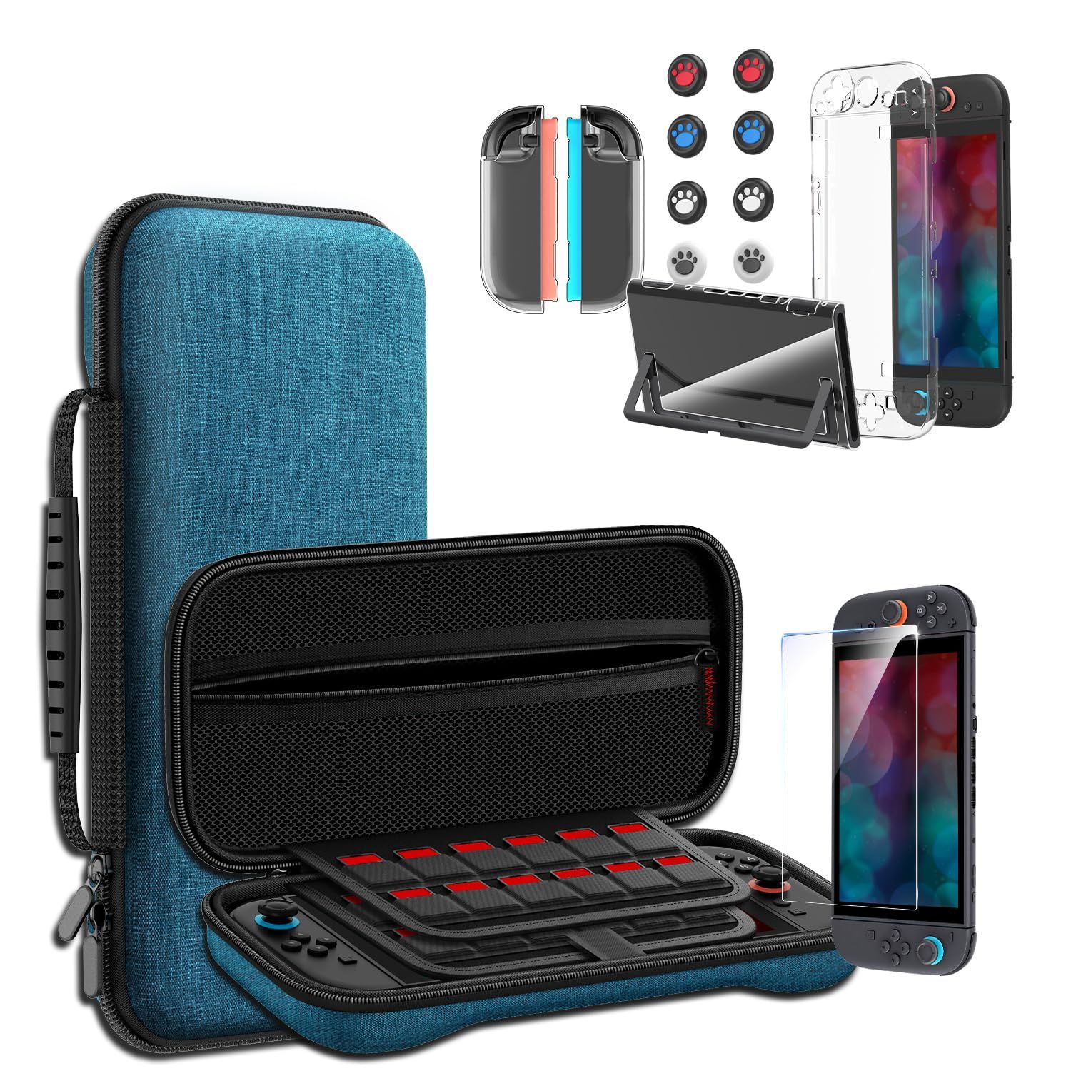 Switch 2 専用 ケース Sungale 収納ケース＋ガラス保護フィルム＋スティックキャップ8枚＋分体式設計 PCカバー＋ TPUグリップカバー 24ゲームカードスロット 大容量 収納バッグ 耐衝撃 防塵 全面保護 防水（ブルー） 0