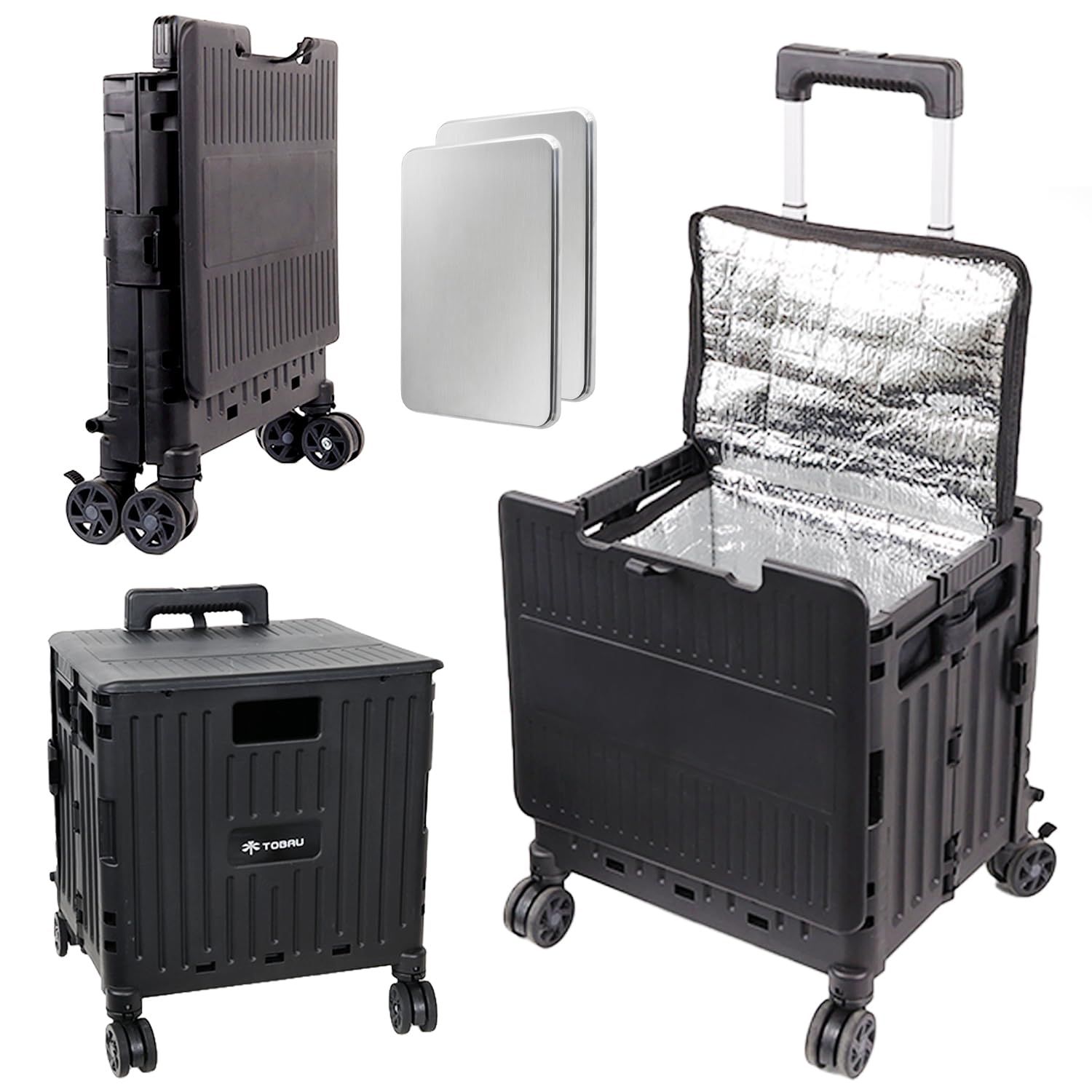 [TOBAU/保冷バッグ付き] キャリーカート クーラーボックス 折りたたみ 4輪 50L コンテナキャリーカート 耐荷重25kg 360°回転 軽量 アウトドア キャンプ (ブラック：ステンレス保冷剤(2個セット))ts 90108147
