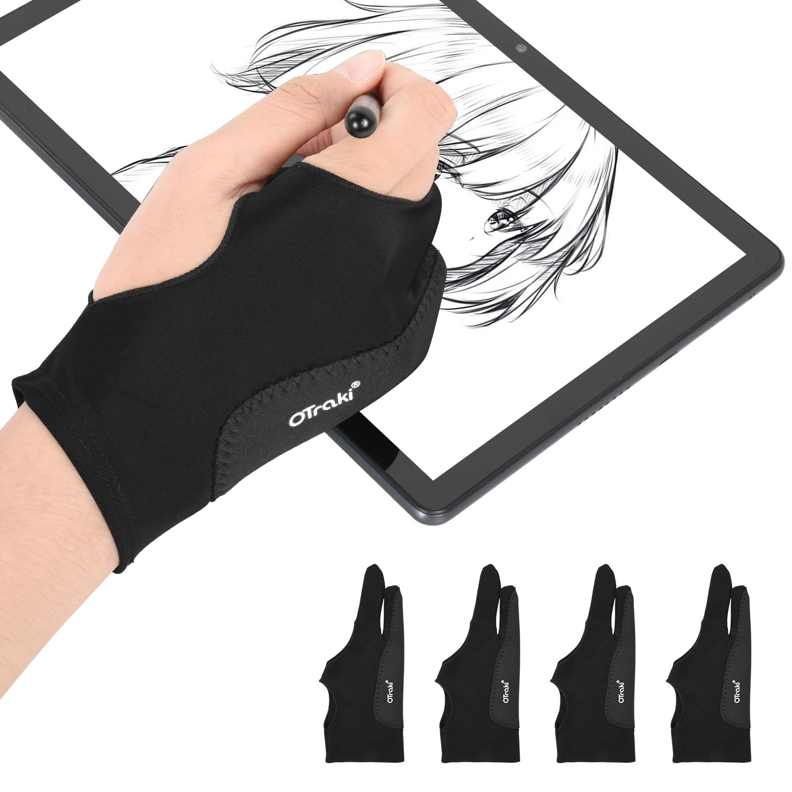 OTraki 製図用手袋 4枚入 二本指グローブ 8x20.5cm Mサイズ 黒 0