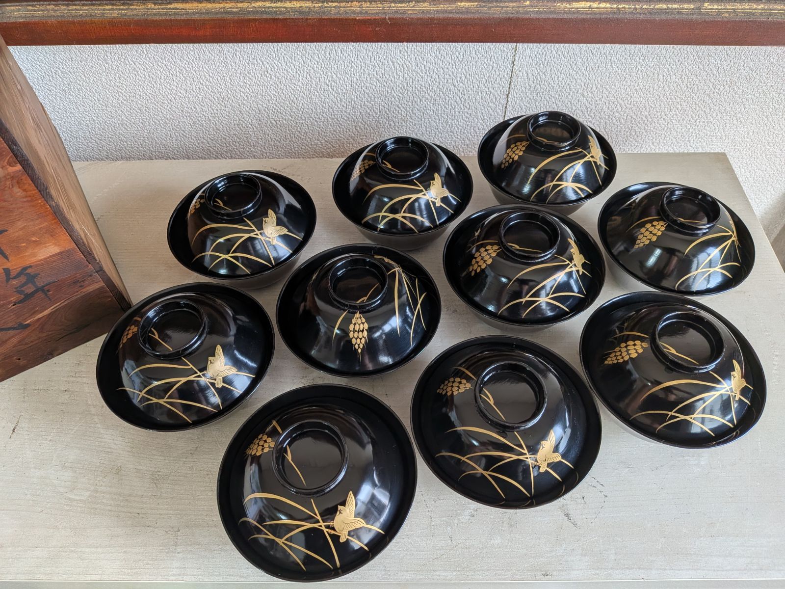 最高級】10客 時代物 金蒔絵 稲穂に雀文 吸物椀 蓋付 木製漆器 天然木