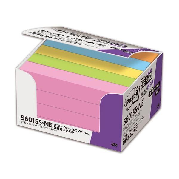 ds-（まとめ） 3M ポスト・イット 強粘着エコノパック ふせん 小 75×14mm ネオンカラー 5色混色 5601SS-NE 1パック（20冊） 〔×5セット〕