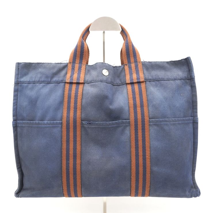 HERMES（エルメス）フールトゥ MM ヴィンテージ トートバッグ ネイビー×ブラウン キャンバス シルバー金具 メンズ レディース ユニセックス【中古】