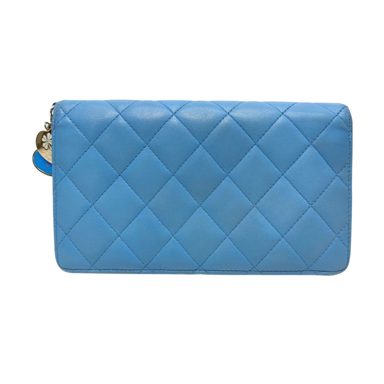 5018 CHANEL シャネル 長財布 マトラッセ ラムスキン ブルー 水色 ハート チャーム