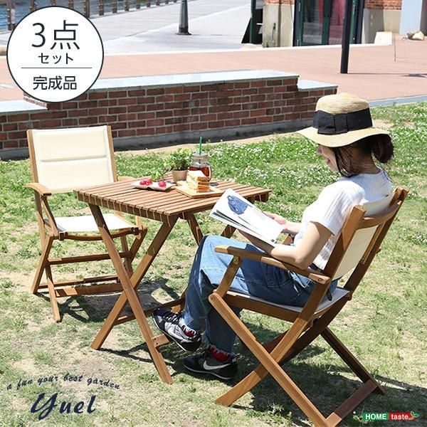 ds-アカシア製 折りたたみテーブル＆チェア 〔3点セット ブラウン〕 幅約60cm 肘付き椅子幅約52cm