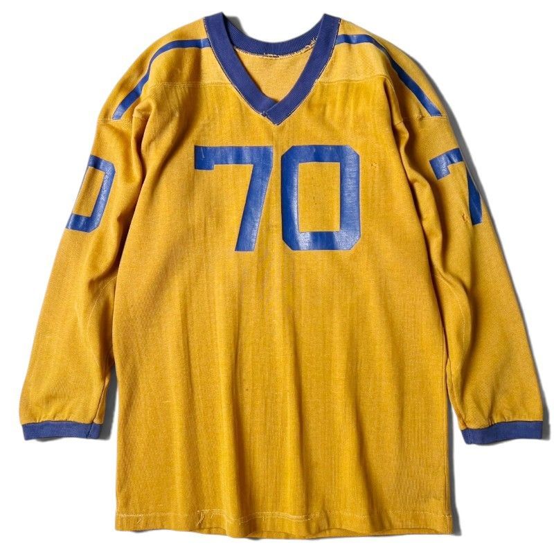 雰囲気系 70s UNKNOWN 4面 プリント Vネック ジャージ フットボール Tシャツ / 70年代 ビンテージ マスタード イエロー ロンT 8,408円