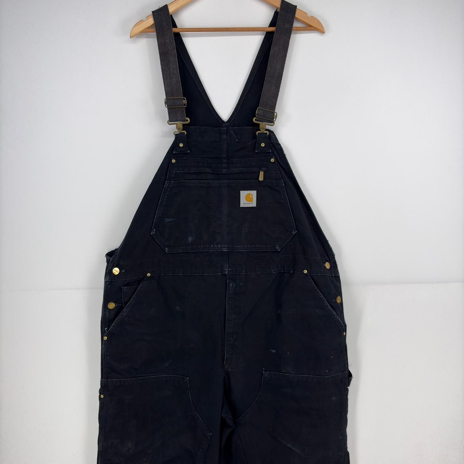 古着 カーハート Carhartt ダック オーバーオール ワンポイント ジップ ハンマーループ スパナポケット ダブルニー ブラック メンズ 10,164円