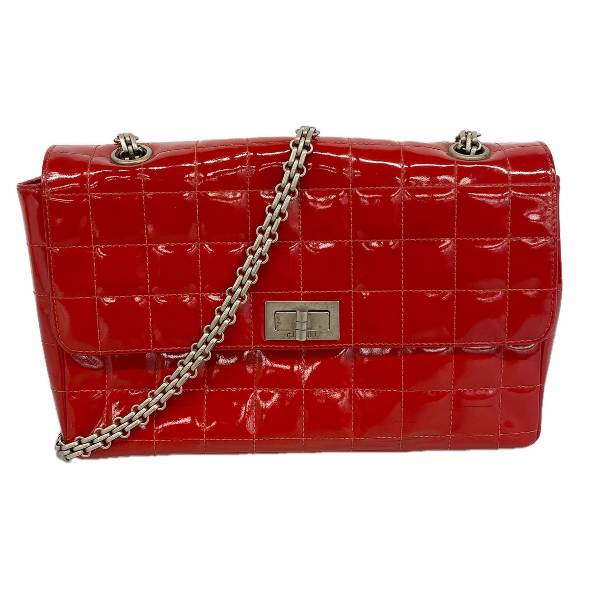 【6hb0648-k】シャネル ショルダーバッグ 2.55/チョコバー パテントレザー レッド シルバー金具【中古】レディース