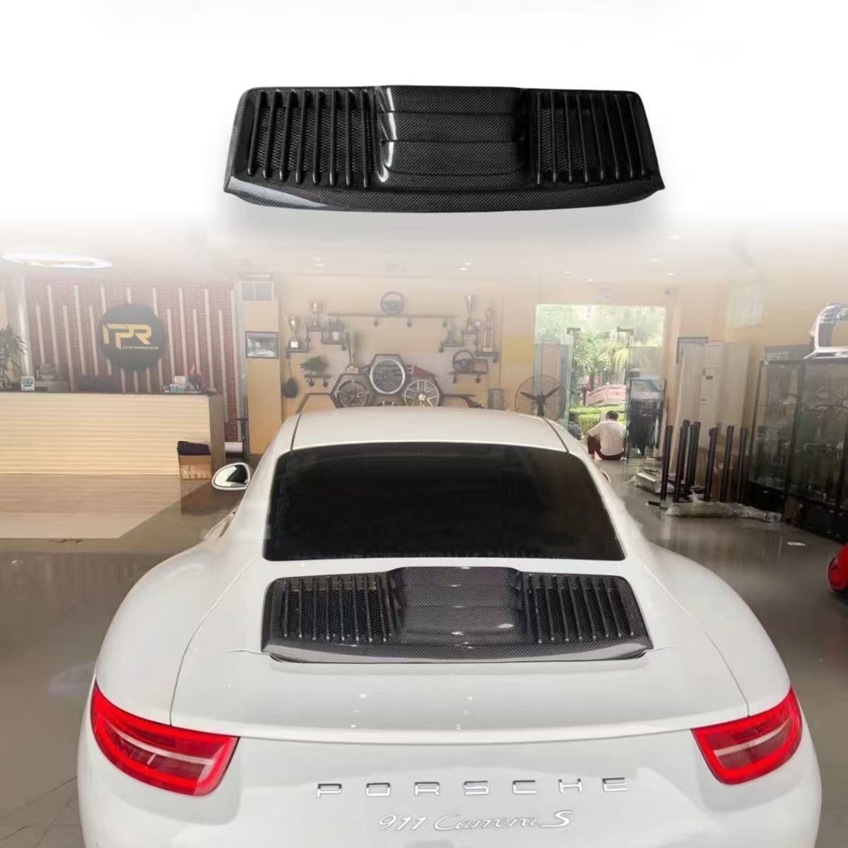 ポルシェ911 991.1対応 リアエンジングリルカバー カーボン調 ブラック カーボン素材 外装アクセントパーツ
