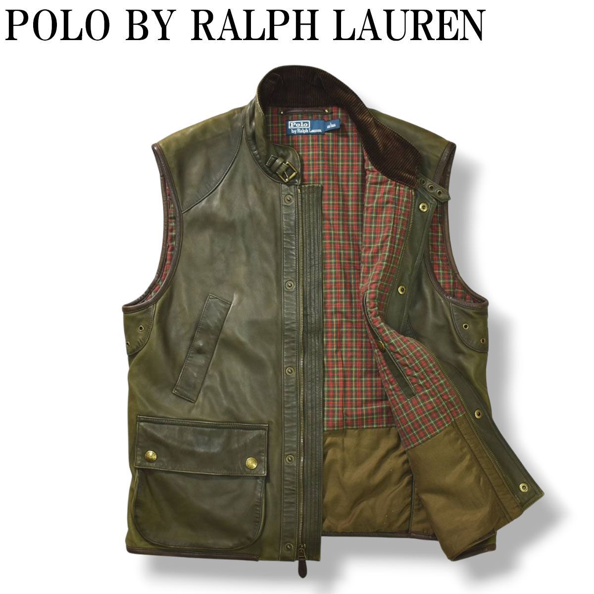 ポロ バイ ラルフローレン POLO BY RALPH LAUREN ラムレザー ハンティング ベスト 裏地タータンチェック柄 アメカジ アウトドア L オリーブ メンズ